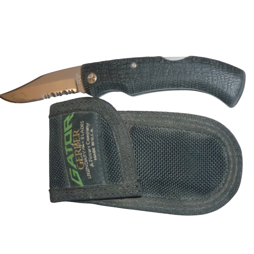 Vintage Gerber Gator 625 Folding Knife Partially Serrated USA Made With Sheath